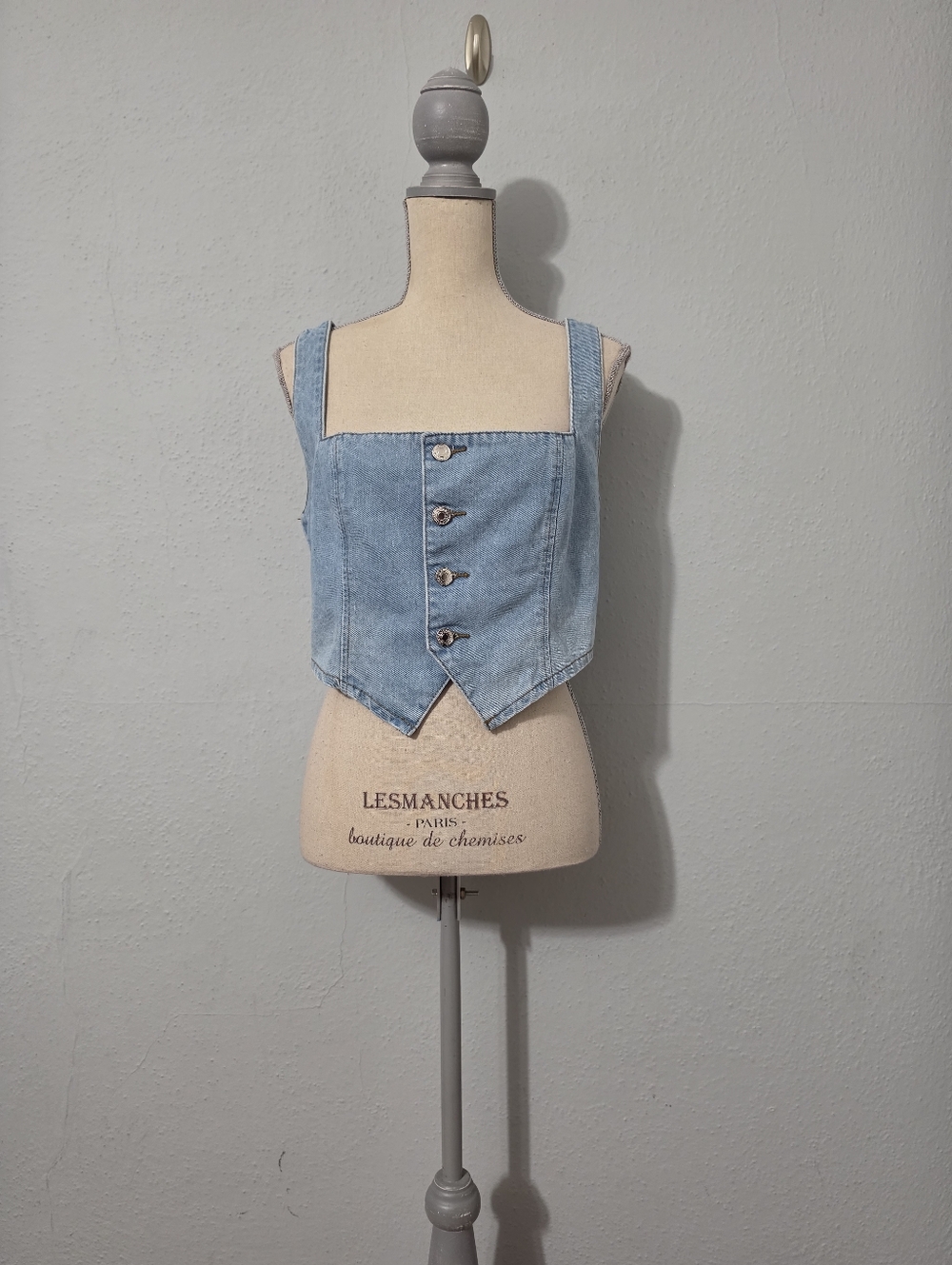 THATSOFETCH Light Wash Cropped Denim Corset Vest Size 12